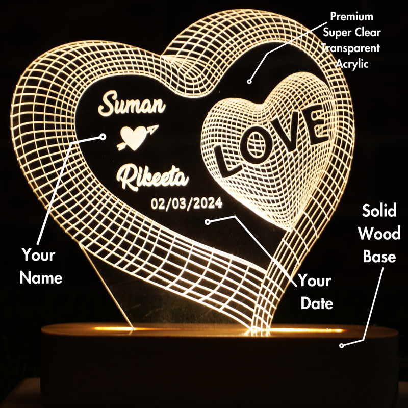 3D Illusion Lamp - Heart Shape with Names (1 Heart)